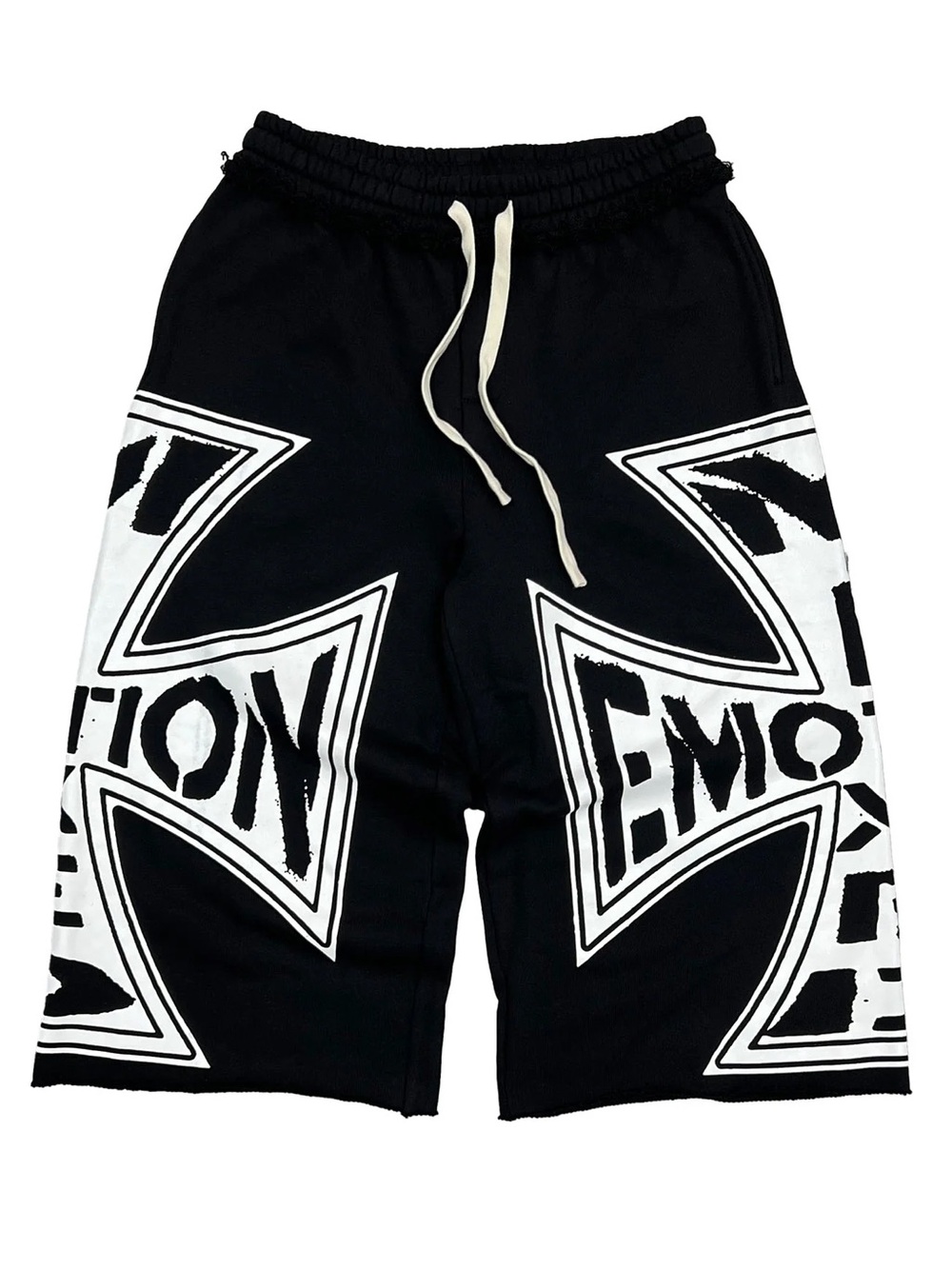 Mixed Emotions Black Graphic Cross Print heaby weight Shorts w/ White Drawstring